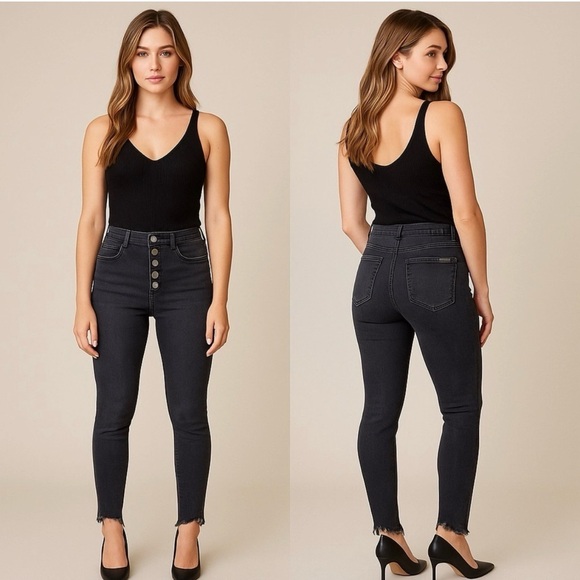👉 🔥 KANCAN Black High Rise Skinny Jeans | Shark Bite Hem | Button Fly | 0/23 - Picture 12 of 13